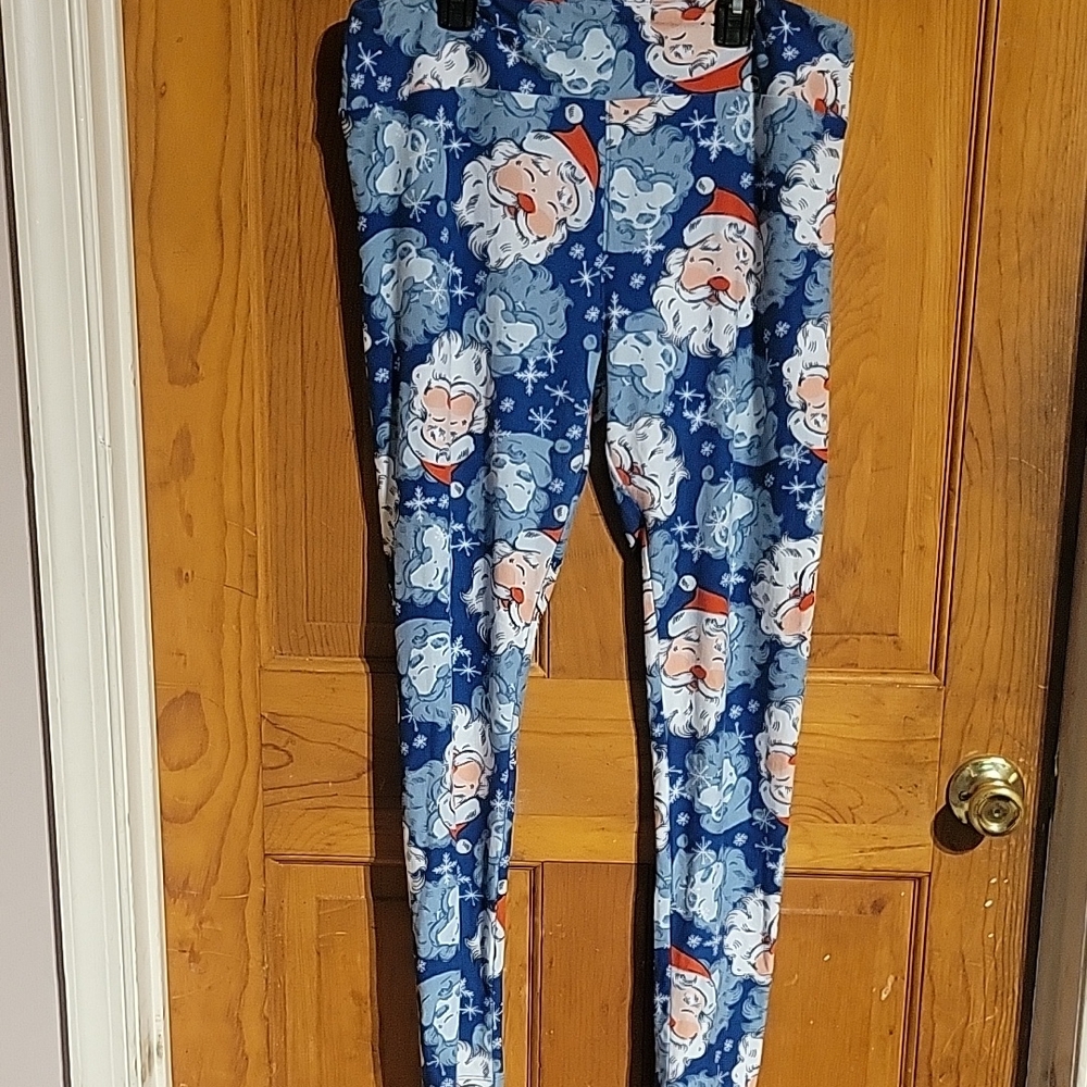 Cute women's lularoe Santa leggings size large.Blue red and white.